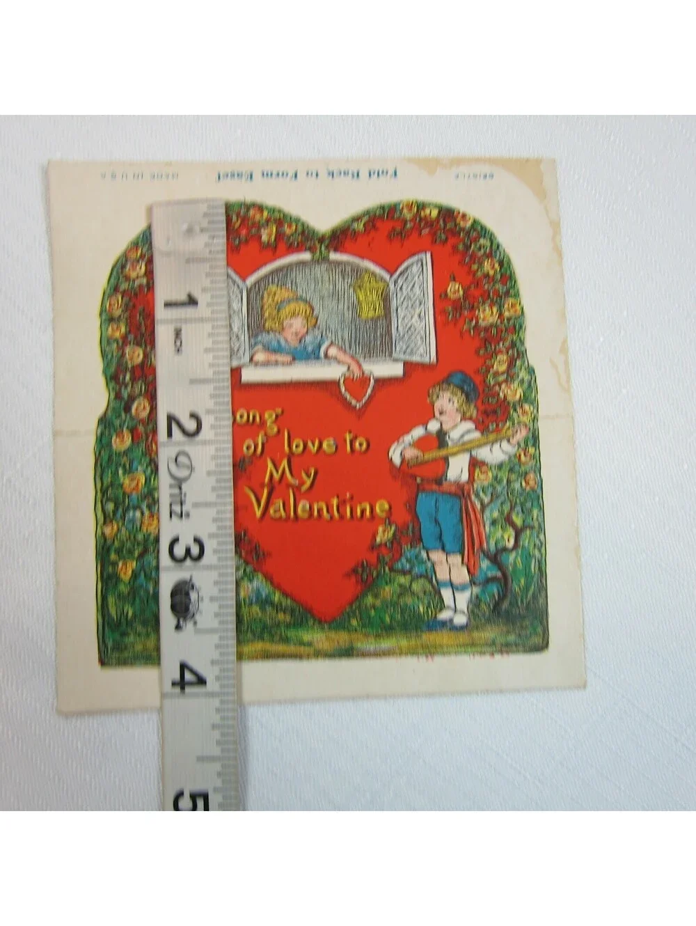 Vintage Valentine 1930 Beistle Stand Up Card Boy Plays Mandolin Girl Window USA